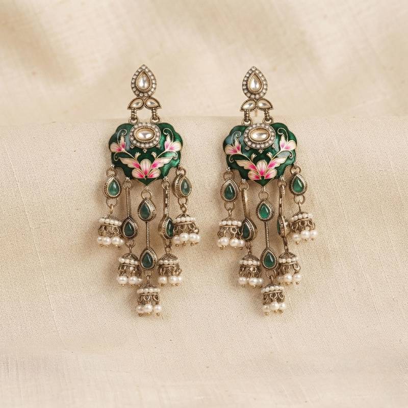 Green color meenakari kundan earrings premium festive designer appeal