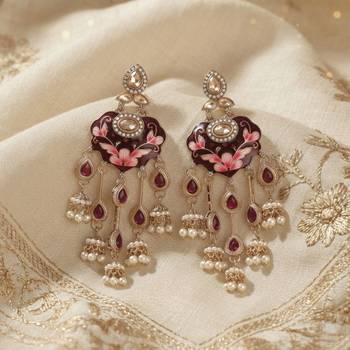 Maroon color meenakari kundan earrings royal ethnic traditional style 1