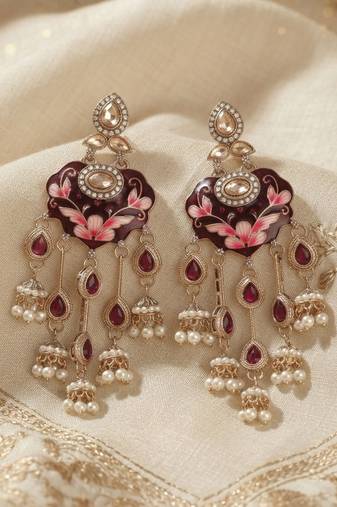 Maroon color meenakari kundan earrings royal ethnic traditional style