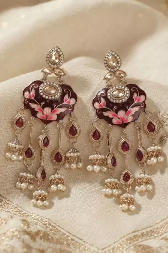 Maroon color meenakari kundan earrings royal ethnic traditional style