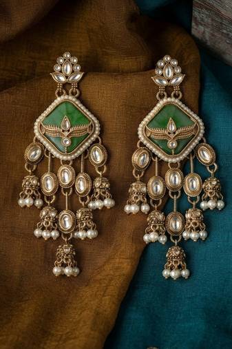 Green color kundan earrings beautiful festive designer appeal