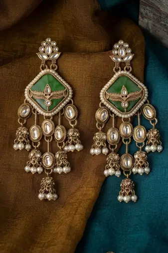 Green color kundan earrings beautiful festive designer appeal