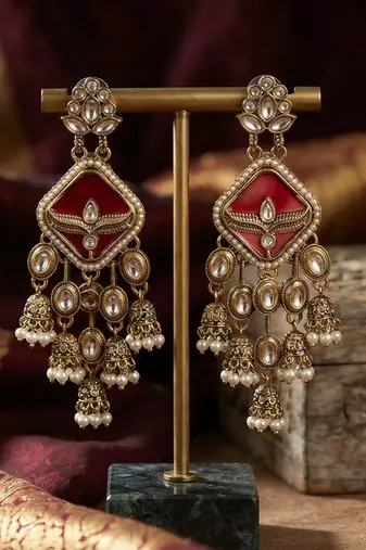 Red color kundan earrings stylish ethnic party wear appeal