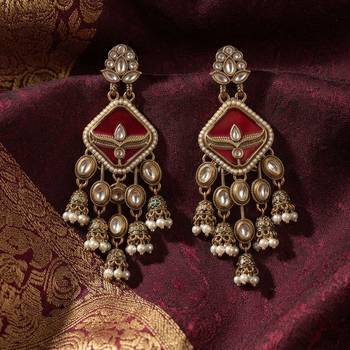 Red color kundan earrings stylish ethnic party wear appeal 2