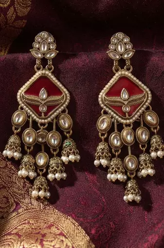 Red color kundan earrings stylish ethnic party wear appeal