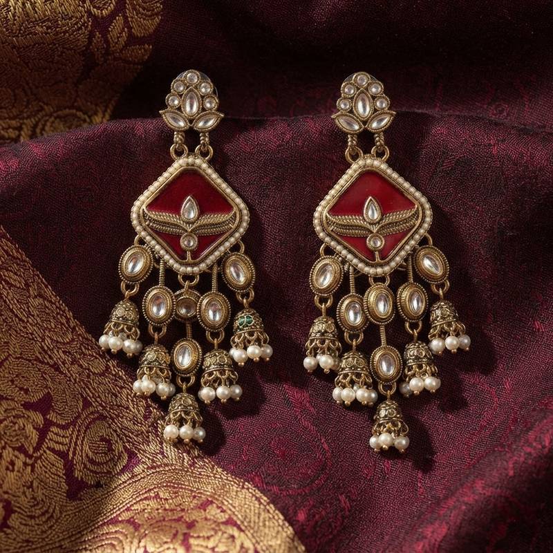 Red color kundan earrings stylish ethnic party wear appeal