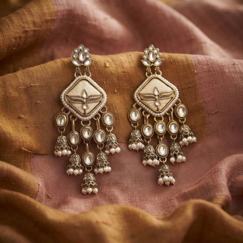 Peach color kundan earrings graceful handmade ethnic appeal
