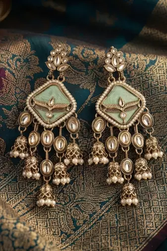 Paris green color kundan earrings premium festive designer appeal