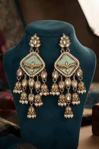 Paris green color kundan earrings premium festive designer appeal
