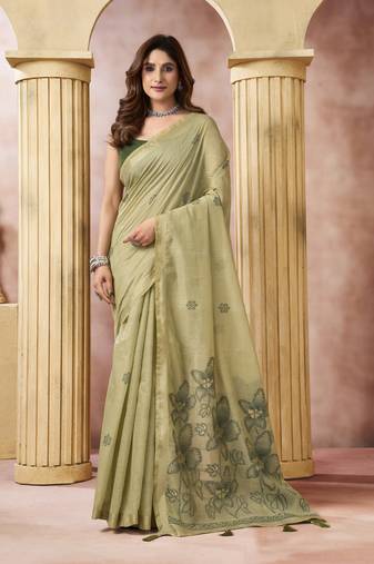 beige cotton blend with tassels casul wear saree