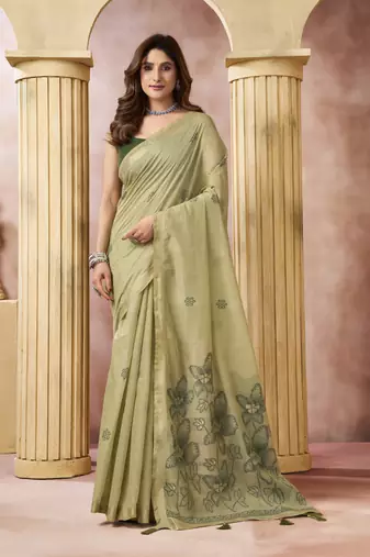 beige cotton blend with tassels casul wear saree