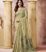beige cotton blend with tassels casul wear saree