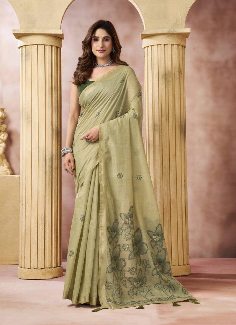 beige cotton blend with tassels casul wear saree