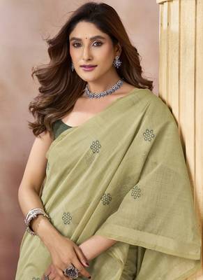beige cotton blend with tassels casul wear saree 2