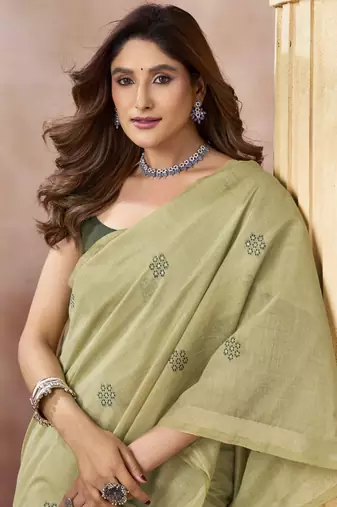 beige cotton blend with tassels casul wear saree