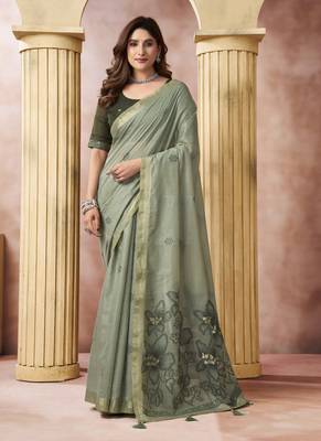olive cotton blend with tassels casul wear saree 1