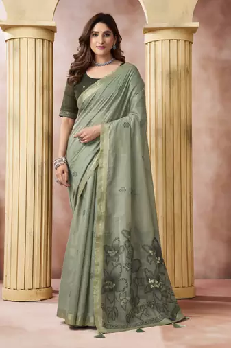 olive cotton blend with tassels casul wear saree