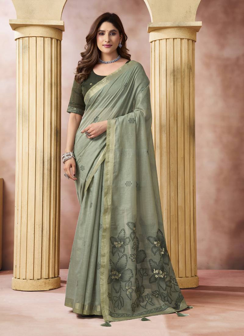 olive cotton blend with tassels casul wear saree