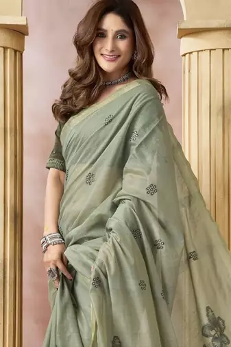 olive cotton blend with tassels casul wear saree