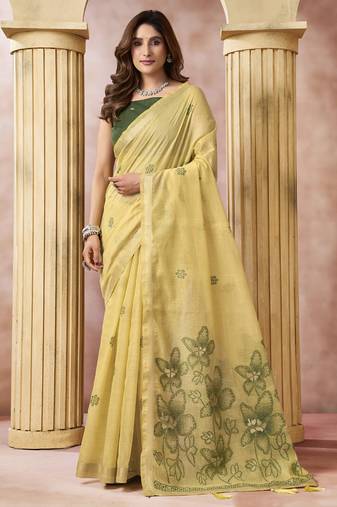 cream cotton blend with tassels casul wear saree