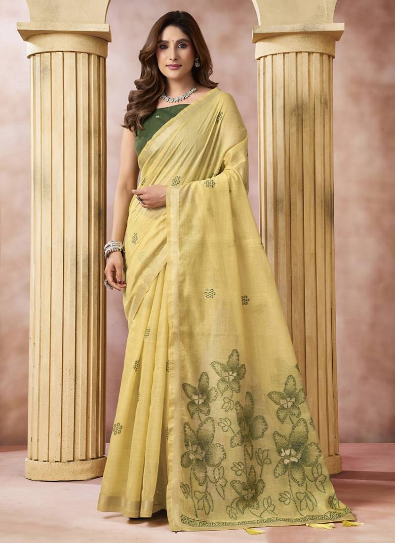 cream cotton blend with tassels casul wear saree
