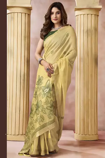 cream cotton blend with tassels casul wear saree