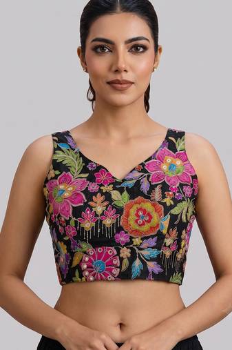 Black position print designer padded blouse