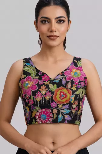 Black position print designer padded blouse