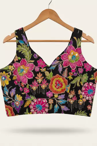 Black position print designer padded blouse