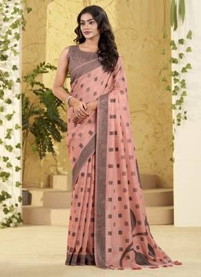 peach linen casual wear saree 1