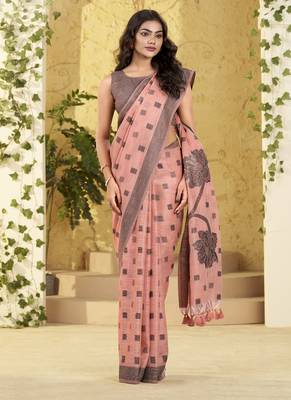 peach linen casual wear saree 2