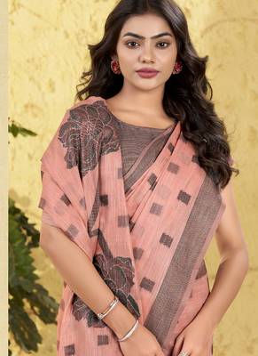 peach linen casual wear saree 3