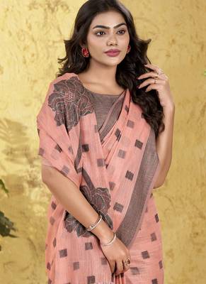 peach linen casual wear saree 4