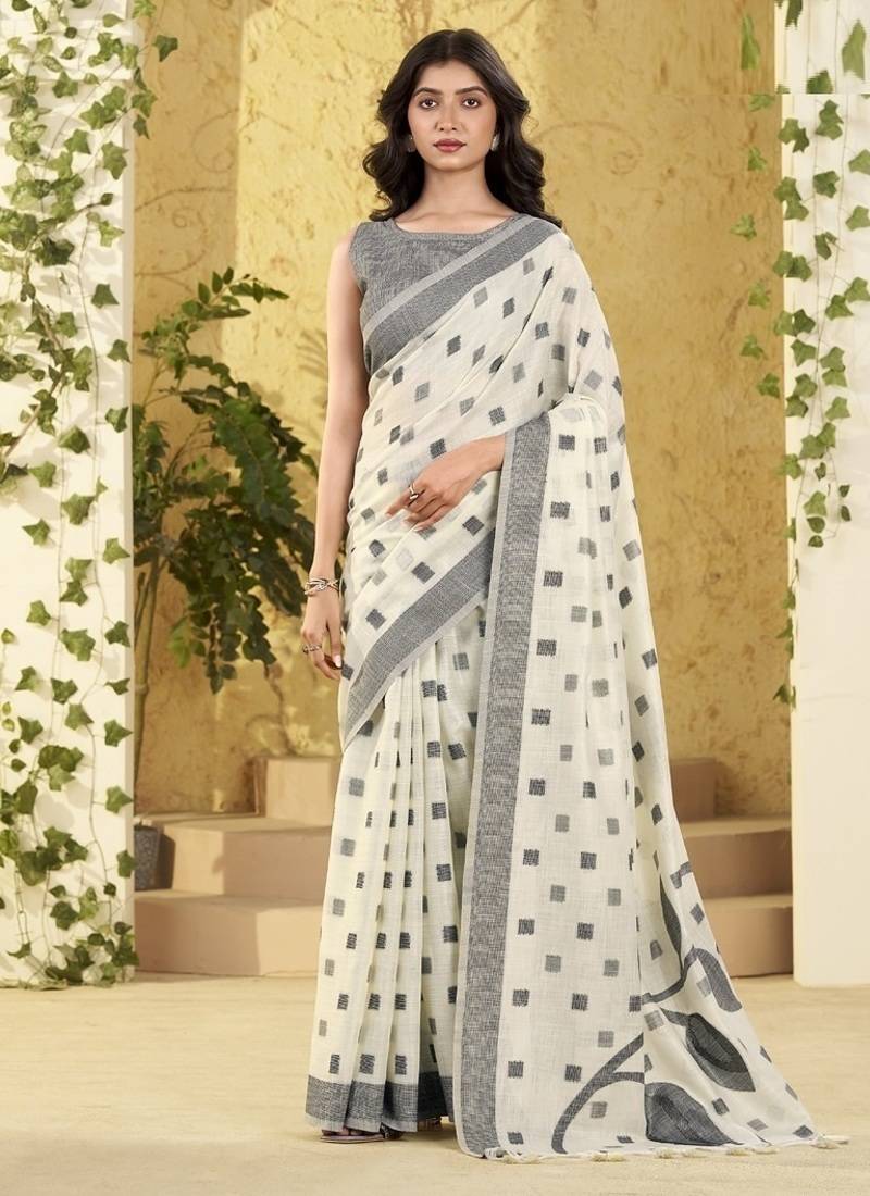 off white linen casual wear saree
