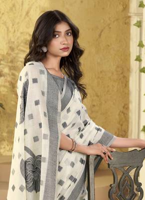 off white linen casual wear saree 3