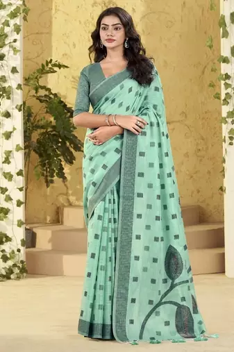 turquoise linen casual wear saree