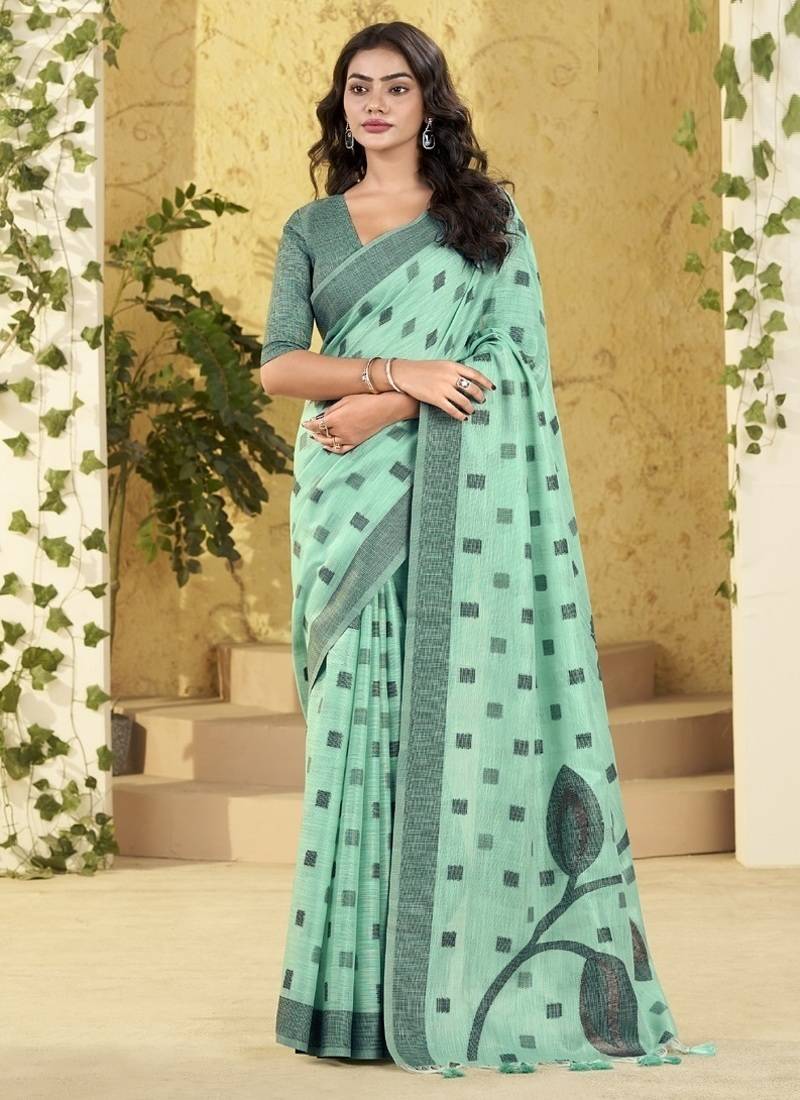 turquoise linen casual wear saree