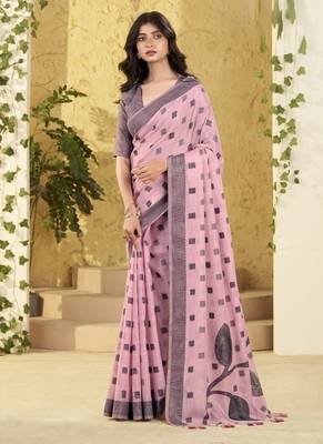 baby pink linen casual wear saree 1