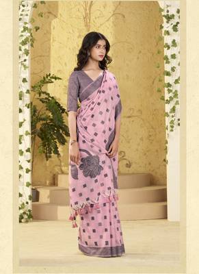 baby pink linen casual wear saree 2