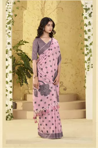 baby pink linen casual wear saree