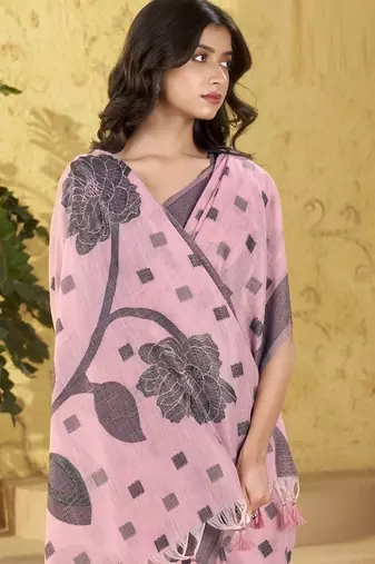 baby pink linen casual wear saree