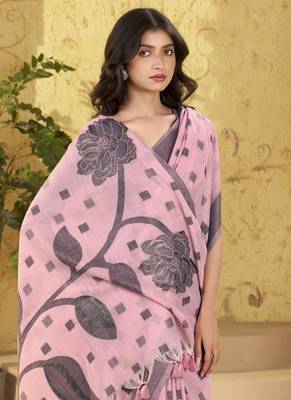 baby pink linen casual wear saree 4