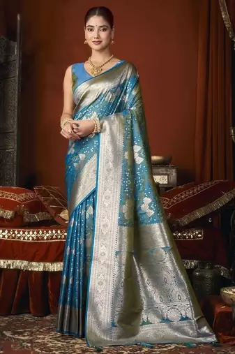 sky blue jacquard soft rich zari weaving & tassels saree