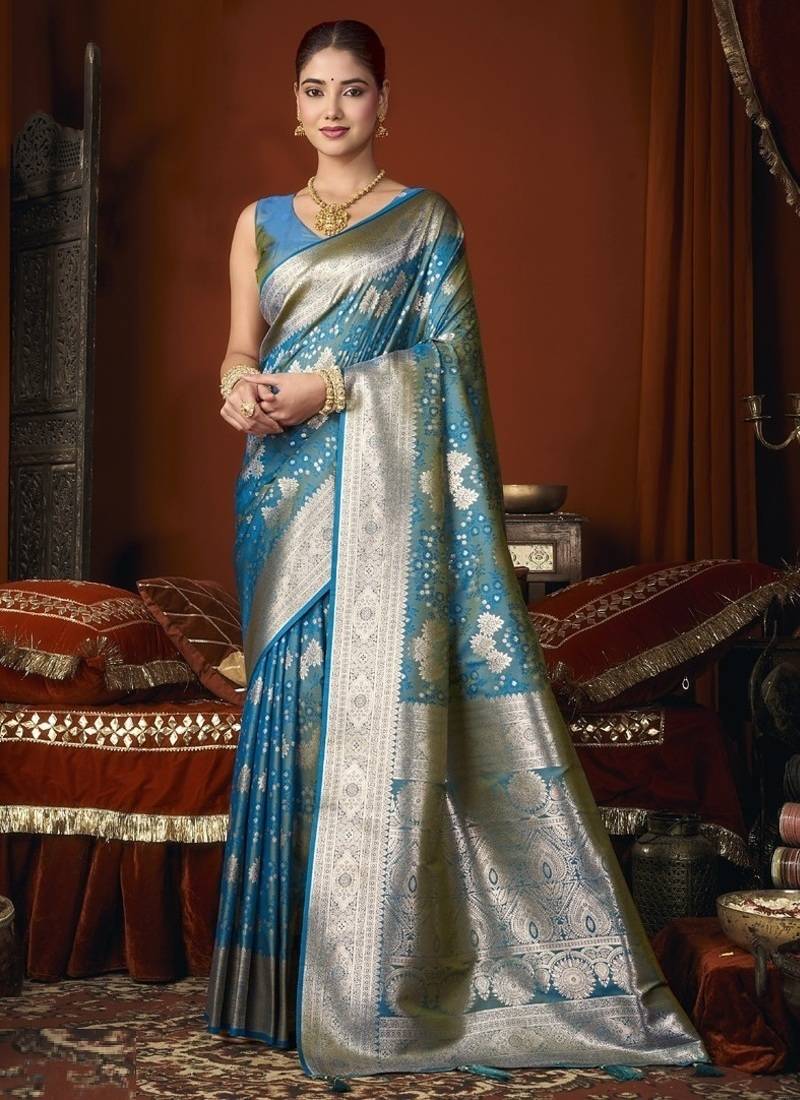 sky blue jacquard soft rich zari weaving & tassels saree
