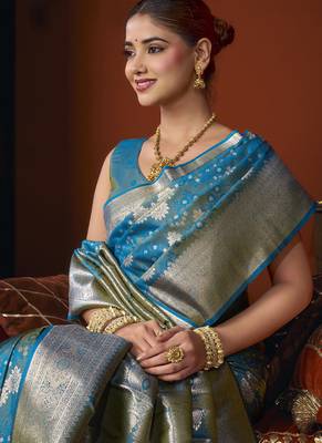 sky blue jacquard soft rich zari weaving & tassels saree 2