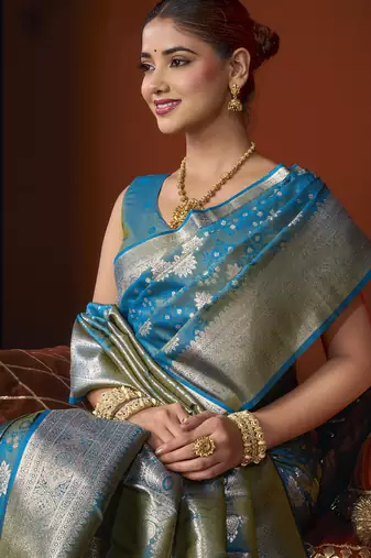 sky blue jacquard soft rich zari weaving & tassels saree