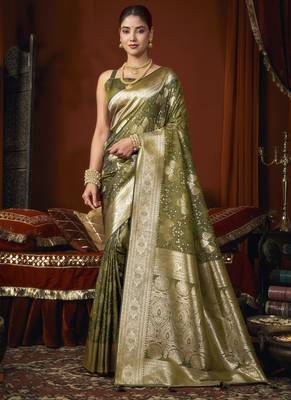 mehandi jacquard soft rich zari weaving & tassels saree 1