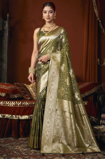 mehandi jacquard soft rich zari weaving & tassels saree