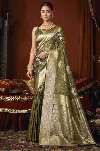 mehandi jacquard soft rich zari weaving & tassels saree