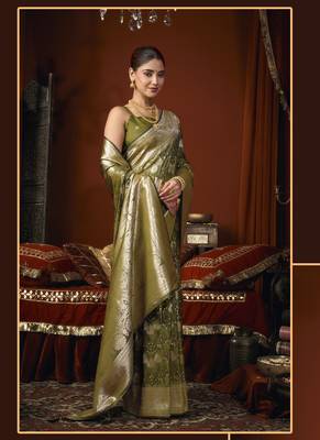 mehandi jacquard soft rich zari weaving & tassels saree 2